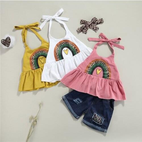 Fashion Kid Girls Vest Shorts Suit Rainbow Halter Tops Leopard Patchwork Denim Shorts Outfits Clothes