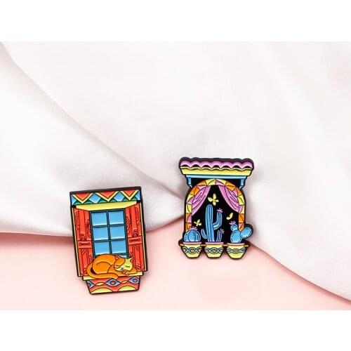 Cartoon windowsill Creative Enamel Brooch Potted cactus butterfly cat window curtains Eaves Open window Lapel Pin Custom badge