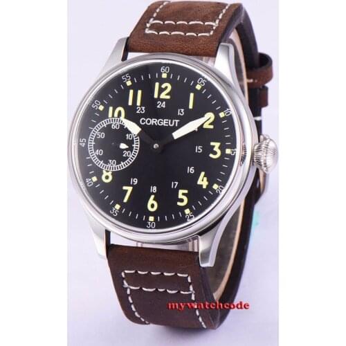 44mm Corgeut black dial luminous asia 6497 hand winding movement mens wristwatch
