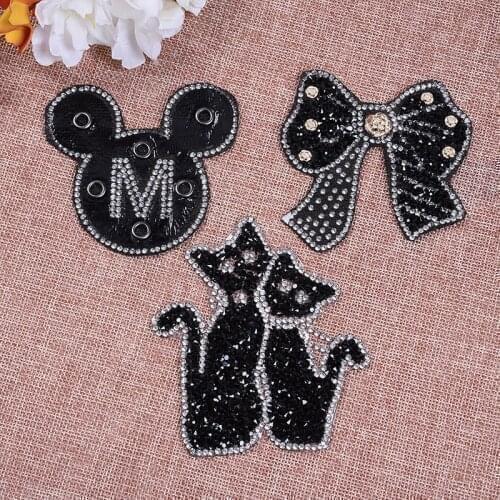 1pcs Sparkling Rhinestone Cat Bow Pattern Clothes Patches Fashion Sequined DIY Appliques Bling Iron-on Patches