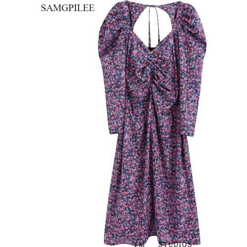 Samgpilee Women Print Maxi Dress Pleated Full Sleeve Female Casual A Line Dresses Chic Mid Calf Length Vestidos