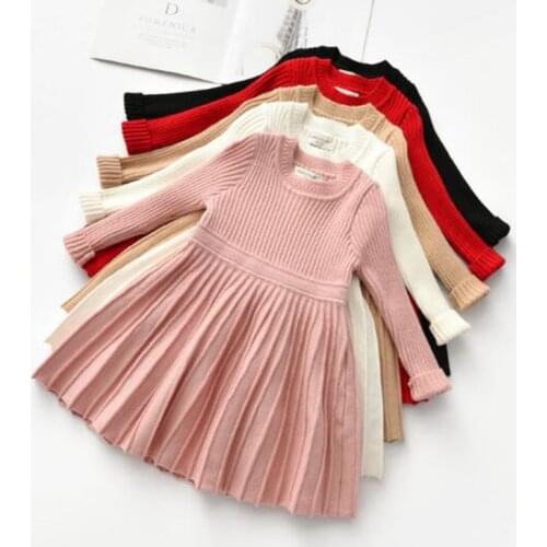 Casual Kids Pleated Dresses For Girls Pure Color Princess Dresses Spring Autumn Loose Kids Girl Dress Long Sleeve Knit Dress