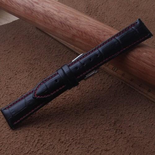 20mm 22mm Genuine Leather Strap crocodile grain stylish Watch Band Wristband With Quick Release Spring bar Black with red stitch