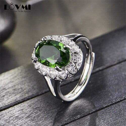 Luxury Silver Emerald Gemstone Female Ring Resizes Oval Green Crystal Flower Accessories Jewelry Promise Woman Rings Drop ship