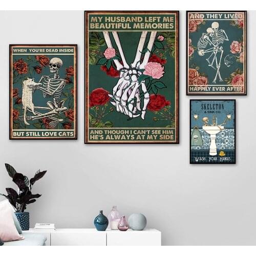 Skeleton Mental Skull Flower Poster Wash Your Hands Art Print Vintage My Lord Quote Funny Bathroom Canvas Painting Home Decor