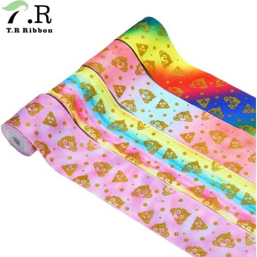 T.R RIBBON 75mm rainbow ribbon gold glitter unicorn poop printed grosgrain ribbon for DIY ribbon bows