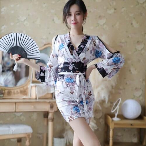 Japanese Women Kimono Yukata Sleepwear Sexy V-neck Modern Kimono Floral Print Naughty Lingerie Bathrobe Costumes