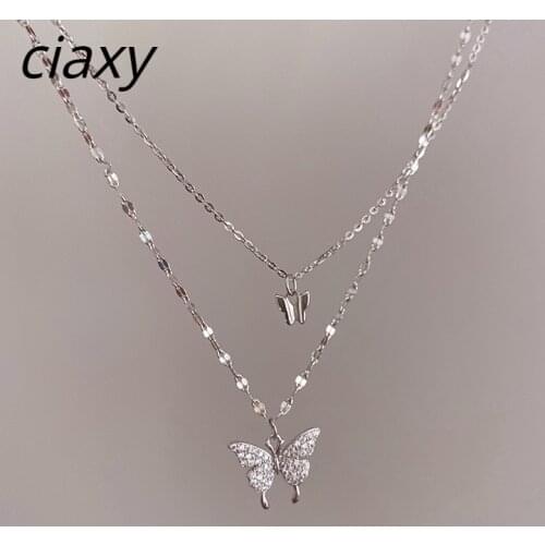 CIAXY 925 Sterling Silver Butterfly Necklace for Women Double Layer Clavicle Chain Shiny CZ Necklace Dainty Gifts Party Jewelry