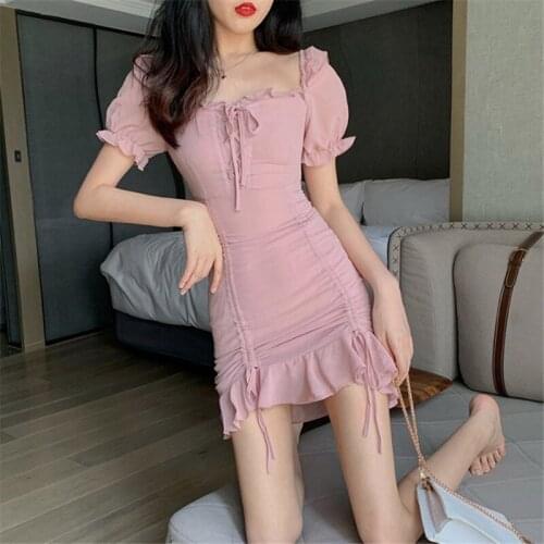 Leiouna Pink Short Butterfly Sleeve Ruffles Draw String Bow Woman New Fasion Solid Woman Slash Neck Elegant Summer Mini Dress