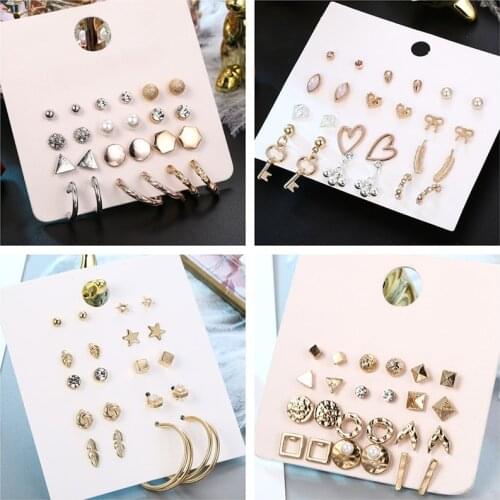 New Design Geometric 12Pair/Sets Stud Earrings Set For Women Girl Bohemian Mixed Gold Star Heart Key Triangle Feather Earring