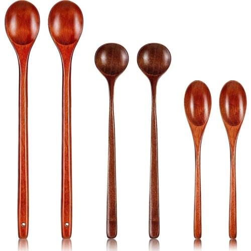 6 Pieces Wooden Spoons Kitchen Serving Long Handle Soup Spoons Cooking Tasting Spoons for Eating Mixing Stirring