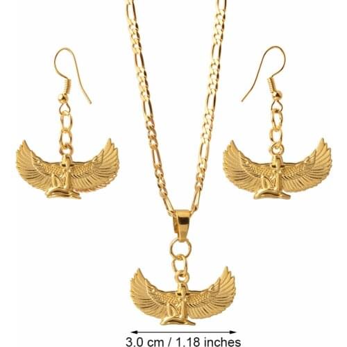 Anniyo Fab Egyptian Goddess Necklace Earrings sets Gold Color Wing Necklace Ankh Bib Wicca Pagan Jewelry Egypt Religion #098706