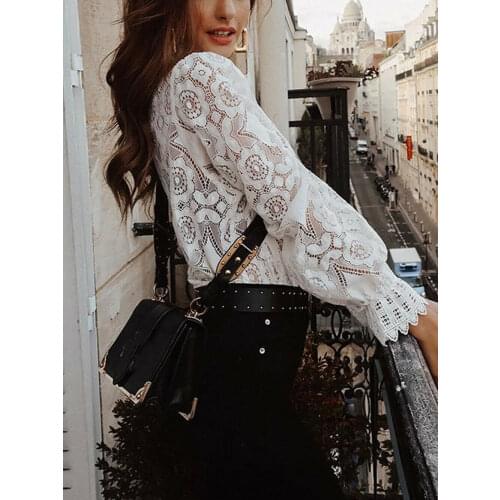 Sexy Women Lace Hollow Out Blouses Tops Elegant Female Loose High Neck Blouses Casual Lace Embroidery Long Sleeve White Shirts