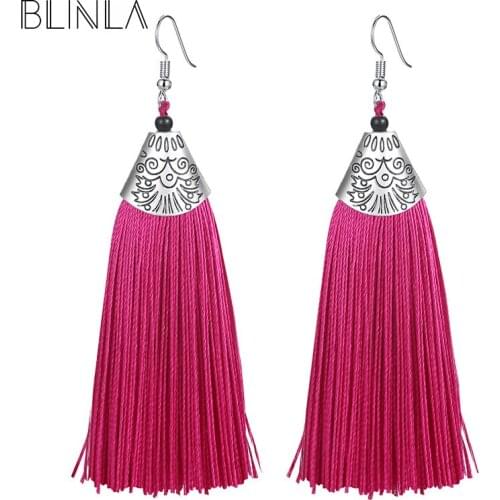 BLINLA Bohemian Statement Long Tassel Drop Earrings for Women Fashion Geometric Handmade Silk Fabric Fringe Earring Jewelry Gift