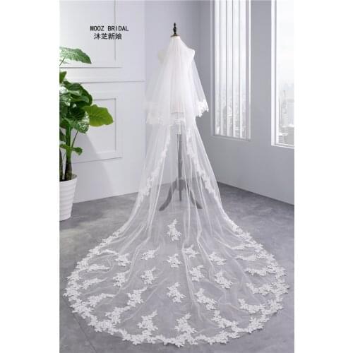 Veil Wedding Applique Edge Long Cathedral Veil Lace Ivory White Two Layer 2018
