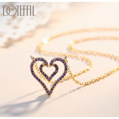 DOTEFFIL 925 Sterling Silver Fashion Jewelry Gold Purple AAA Zircon Heart-Shaped Necklace For Women Anniversary Wedding Gift
