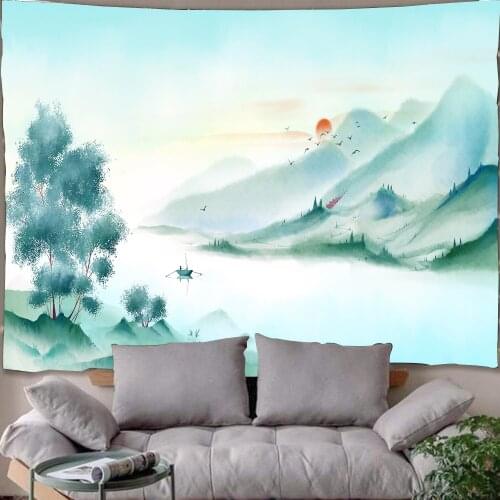 Trippy Mountains Tapestry Hippie Moon and Waves Tapestry Abstract Colorful Bohemian Landscape Tapestry Wall Hanging For Room