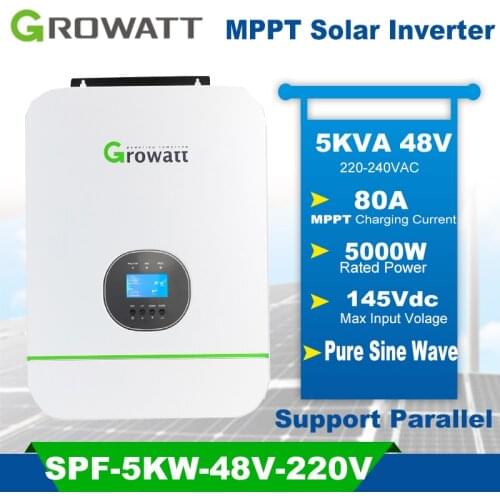 Growatt 5KW Hybrid Solar Inverter 48V 220V MPPT Solar Inversor Pure Sine Wave Built-in 80A MPPT PVmax 145V Support Parallel