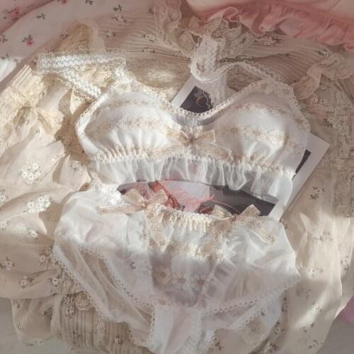Honviey Fairy Lace Glittering lengerie Gold Ribbon Bow Girls Cute sexy underwear set embroidery Triangle Cup bra sets