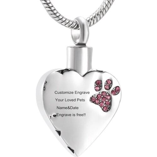 IJD9981 Paw Print Heart Cremation Memorial Jewelry Pendants Stainless Steel Custom Pet Memorial Urn Necklace for Dog/Cat Ashes