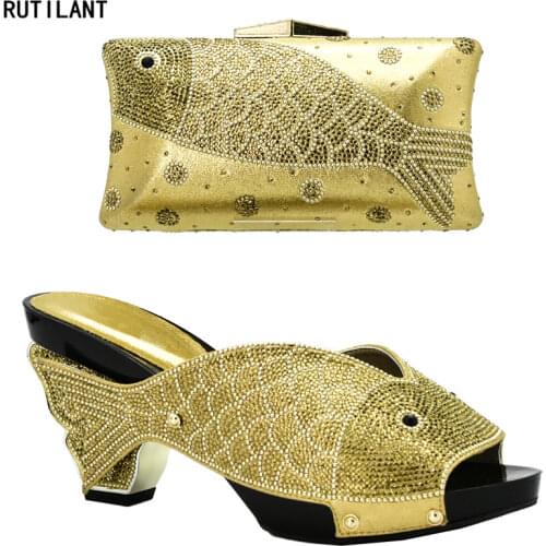 Gold Color Italian Shoes with Matching Bags for Wedding Italy Nigerian Women Wedding Shoes and Bag Set Gold Italian Shoe Bag Set