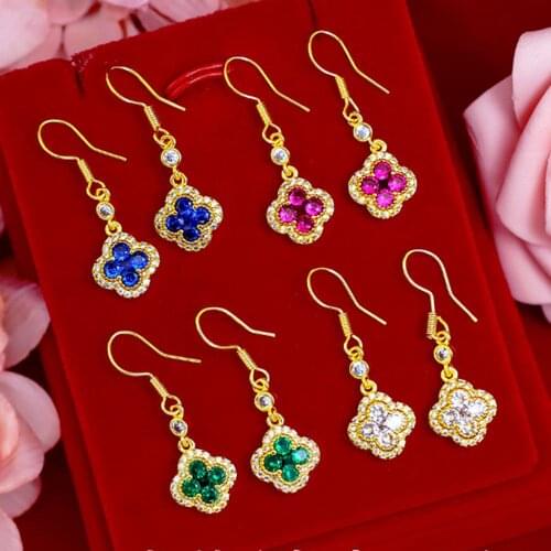 Micro-set four-leaf Clover Zircon Earrings Yellow Gold Filled Beautuful Trendy Womens Dangle Earrings Hookfish