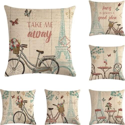 Cushion Cover Bike Cotton Linen Bicycle Cushion Butterfly Paris Tower Home Decorative Car Sofa Throw Pillow Cover ZY249