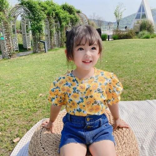 2021 Summer Clothes New Little Girl Shirt Children Baby Girl Lady Floral Shirt Korean Foreign Style Fashion