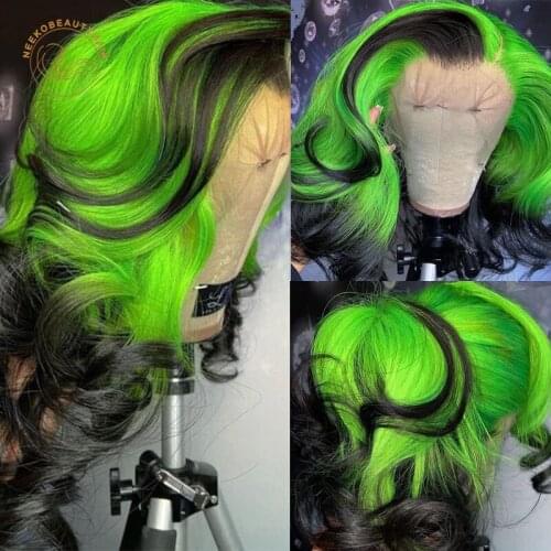 Ombre Color Lace Front Wigs With Baby Hair Brazilian Body Wave Remy Human Hair Wigs Green 13x4 Lace Front Wigs Full Density