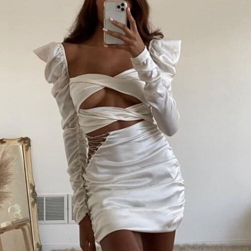 Justchicc Puff Sleeves Square Collar Dress Women Hollow Out White Diamond Party Sexy Dress Lace Up Backless Bodycon Vestidos