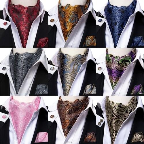 Hi-Tie 48 Colors Fashion Cravats for Men with Hanky Cufflinks Set 100% Silk Luxury Paisly Floral Plaid Cravat Ascot for Men
