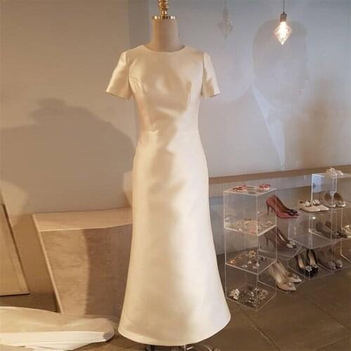 Simple Korea Wedding Dress With Short Sleeves White Ivory Satin Bridal Dress Floor Length Wedding Gowns Vestido De Casamento