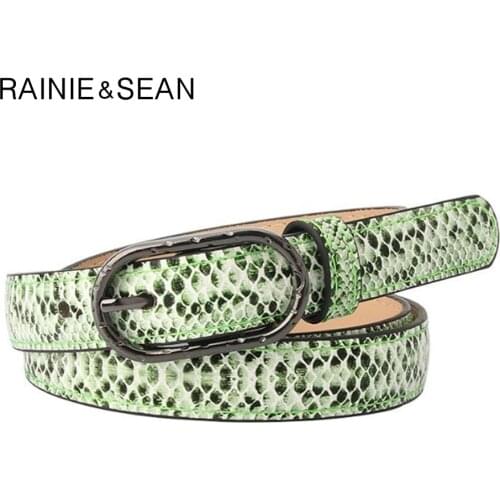 RAINIE SEAN Snake Leather Belts Green Waist Thin Belts For Women Pin Buckle Cheap Female Casual Fashion Strap For Jeans 105cm