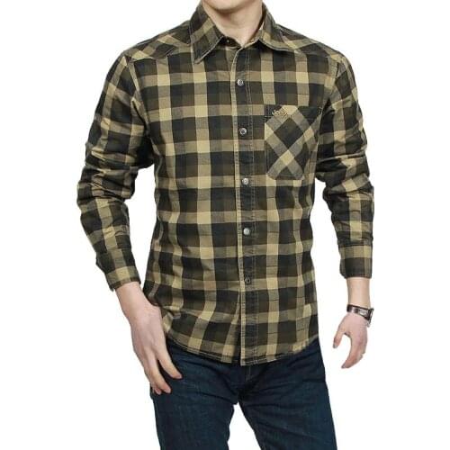 Men Shirts Long Sleeve Regular Fit Cotton Plaid Man Shirt Casual Military Shirt for Men Work Shirts mens Clothing Army Green