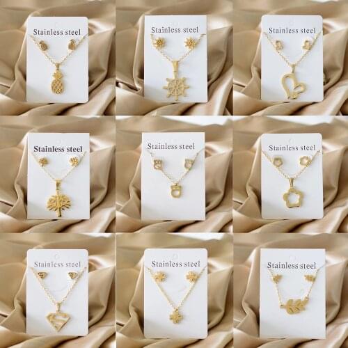 Stainless Steel New Aniamls Plants Flowers Butterfly Pendant Necklace Sets For Women Gold Color Stud Earrings 2021 New Trendy