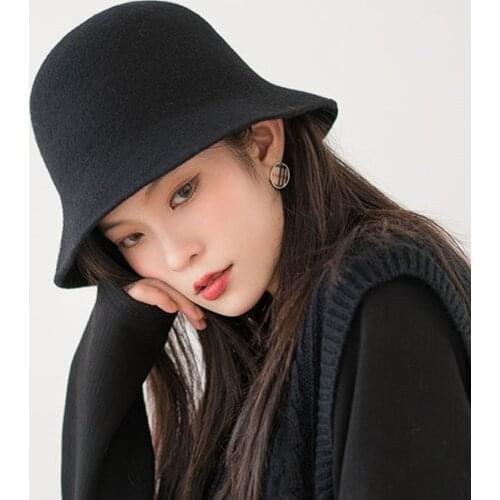 Fashion Warm 100% Wool Bucket Hats Solid Color Round Top Brim Women Felt Cloche Fedora Hat Lady Bowler Classical Church Hat