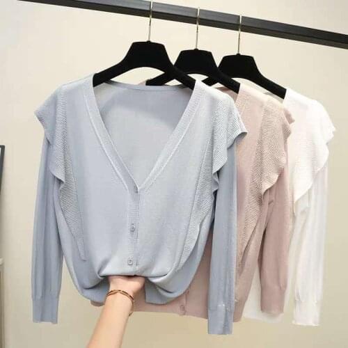 Ruffles Cardigan Sweater for Fall Three Quarter Sleeve Knitted Sweater Autumn V-Neck Short Sweaters Solid for Ladies Fall 2020