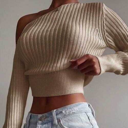 Autumn Winter 2021 Sexy Off Shoulder Knitted Solid Lady Crew Neck Sexy Off Shoulder Sweater Fashion Slim Fit Long Sleeve Sweater