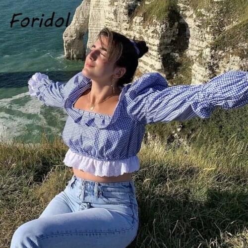 Foridol Ruffle Vintage Plaid Blouse Shirt Women French Style Print Boho Spring Autumn Crop Tops Puff Sleeve Casual Blue Blouse