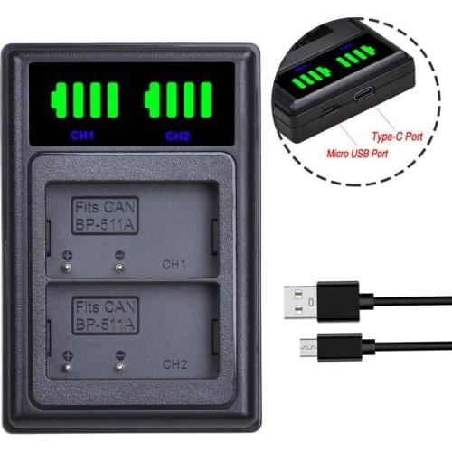 Batmax BP-511 BP-511A LED USB Dual Battery Charger with Type C Port for Canon G6 G5 G3 G2 G1 EOS 300D 50D 40D 30D 20D 5D