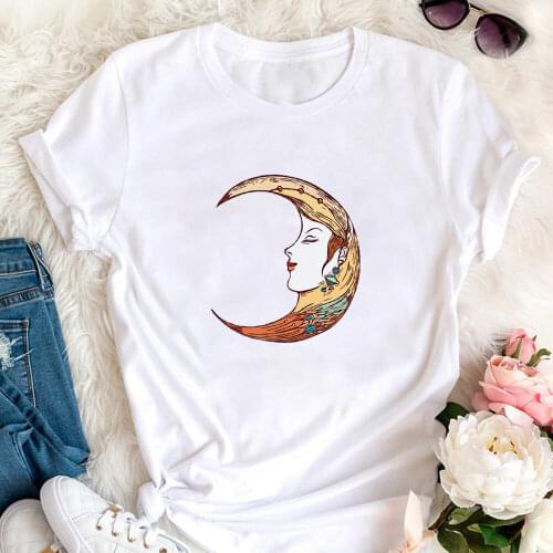 Boho Floral Moon Colored Print 100%Cotton Women Tshirt Flower and Moon Funny Summer Casual Short Sleeve Top Crescent Moon Shirt