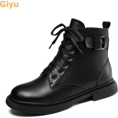 2020 Genuine Leather Martin BootsFor Women Wool Booties Flat Ankle Boots Shoes For Women Winter Black Autumn Plus Size Shoes