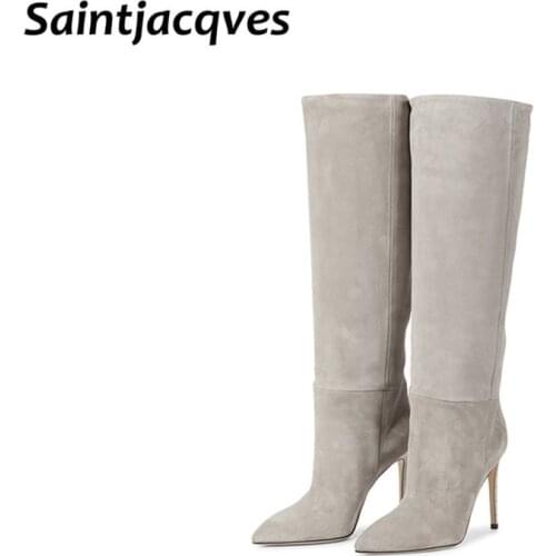 Brand High Heels Western Boots Fashion Knee High Boots Woman Microfiber Red High Heel Long Boots Pointed Toe Autumn Winter Boots