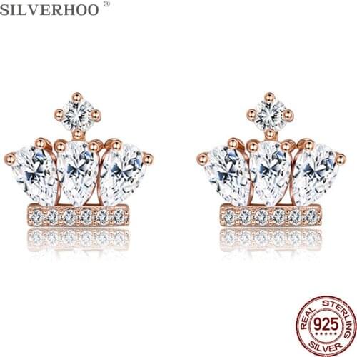 SILVERHOO 925 Sterling Silver Earring Crown Rose Gold Stud Earrings For Women Luxury Fine Silver Jewelry Hot Selling Girl Gift
