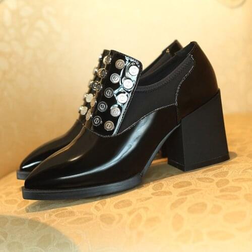 Salu 2020 new Genuine Leather round Toe Slip On Women Shoes Woman Square High Heels black Office Lady Pumps