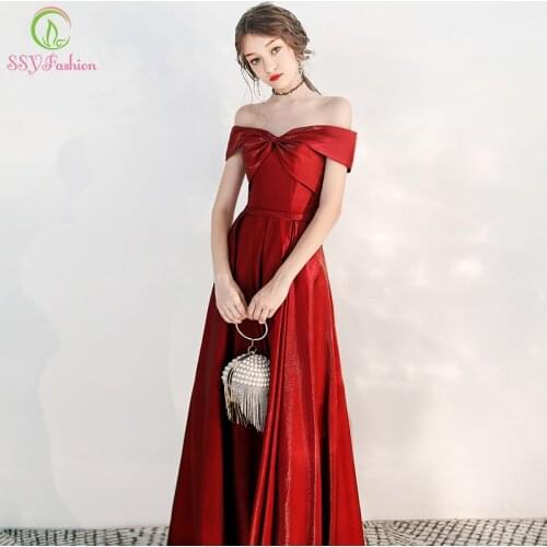 SSYFashion New Banquet Elegant Burgundy Evening Dress Simple Boat Neck Long Party Formal Gowns Vestidos De Fiesta De Noche