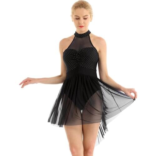 Women Halter Polka Dots Sequins Tulle Figure Skating Ballet Dress Gymnastics Leotard Stage Performance Lyrical Dance Costumes