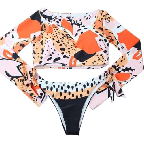 Women Sexy 2 Pieces Bikini Long Sleeve Sun Protection Crop Top Wetsuit Swimsuit Leopard Polka Dot Print Side Tie Thong Bathing