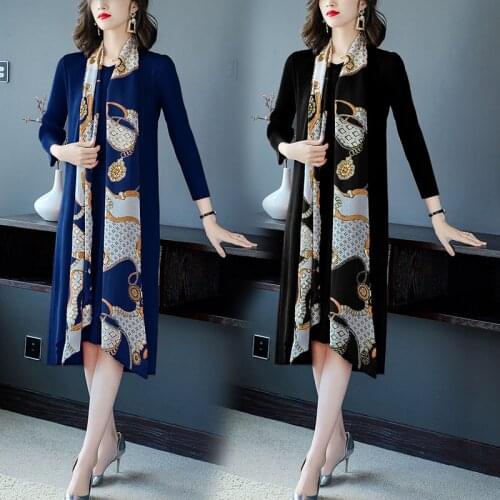 2021 Women Miyake Pleated Loose Dress + Vintage Print Scarf Collar Coat Elegant 2 Piece Spring Autumn Female Large Size Dress