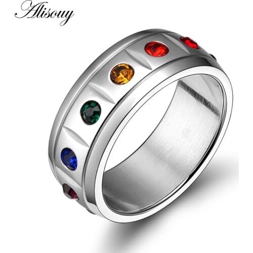 Alisouy 1 piece Rainbow Crystal Rings Jewelry Crystal Wedding Jewelry For Women And Men Stainless Steel Female Male Ring